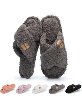 〽️Women's Grey Fuzzy Open Toe Slippers Cozy Cross Band Faux Fur House Shoes